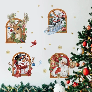3D Christmas window wall stickers featuring Santa, Reindeer, and Snowman for home decor
