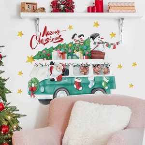 Festive Santa Claus bus wall stickers for Christmas home living room wall art decor