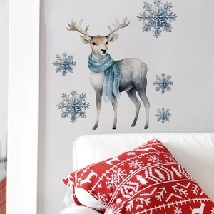 Stickers muraux de Noël avec renne bleu et flocons de neige pour décor de salon