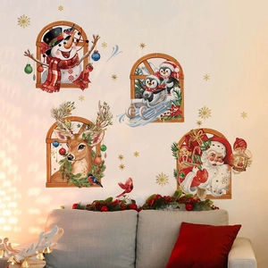 3D Christmas window wall stickers featuring Santa Claus and snowman on home wall