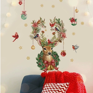 Christmas reindeer wall decal with decorative ornaments and birds for living room decor