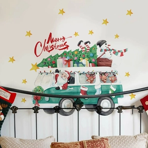Christmas Santa Claus bus wall sticker for festive living room and bedroom holiday decor