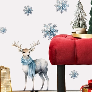Stickers de Noël aquarelle renne bleu et flocons pour décoration de salon et de chambre