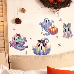 Stickers Muraux de Halloween Fantôme Holographique Mignon Iridescent Chapeau de Sorcier Citrouille Décor PVC Amovible Autocollant