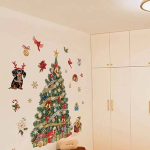 Christmas tree wall decals with dachshund and gift boxes for festive home wall decoration