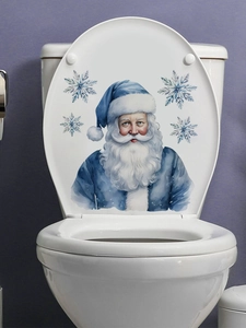 Close-up of a blue watercolor Santa Claus sticker with snowflakes on a white toilet lid