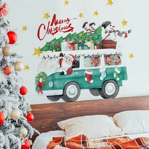 Christmas Santa Claus bus wall sticker with watercolor bus and reindeer on bedroom wall