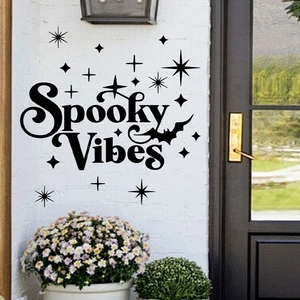 Halloween Spooky Vibes wall sticker with bats and stars on white brick wall background