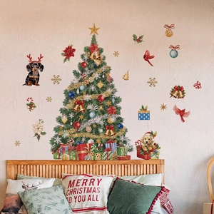 Christmas tree wall sticker set with festive gifts and puppy for home bedroom decoration