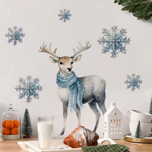 Stickers muraux renne bleu et flocons de neige pour décoration de Noël chaleureuse