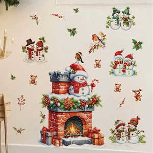 Christmas snowman fireplace wall stickers for festive home decoration and winter wall art