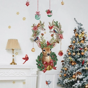 Christmas reindeer wall decal with floral antlers and festive ornaments for home decor