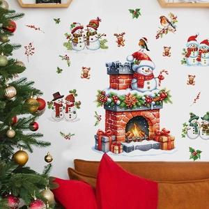 Christmas snowman fireplace wall stickers for holiday home decoration DIY PVC decals