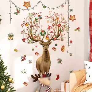 Weihnachten Elch Wandtattoo PVC Selbstklebend DIY Aufkleber Mit Dekorierten Geweihen Für Wohnzimmer Festliche Dekoration