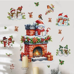 Christmas wall decal set with red brick fireplace, snowman and festive gingerbread men decor