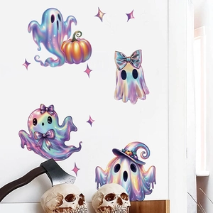 Stickers muraux fantômes d'Halloween irisés avec citrouille et étoiles pour décor