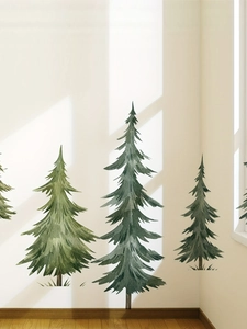 Detailed watercolor pine trees wall decal featuring dark green brushstrokes and textures