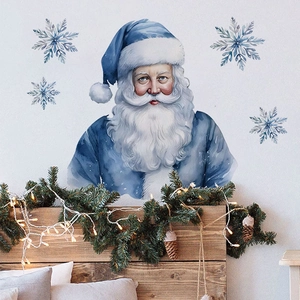 Blue Santa Claus wall decals with snowflakes for cozy Nordic style bedroom decoration