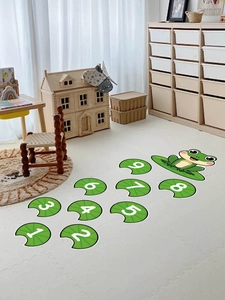 Interactive hopscotch floor stickers featuring cartoon frog and lily pad numbers 1-9
