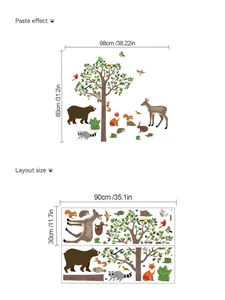 Detailed wall sticker size chart showing paste effect and 90x30cm layout dimensions