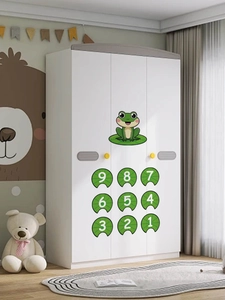 Cartoon frog and numbers 1-9 wall stickers applied on a white minimalist wardrobe