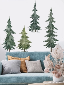 Detailed watercolor pine tree forest wall decals styled in a modern living room scene