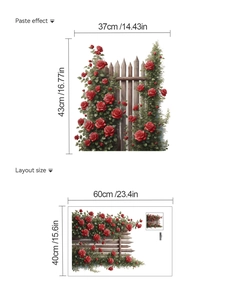Detailed comparison of rose fence wall sticker layout size and final paste effect dimensions