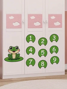 Detailed view of cartoon frog and numbered green lily pads applied to a kid's closet