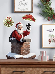 Detail of Christmas Santa waving from chimney wall decals in a warm home setting