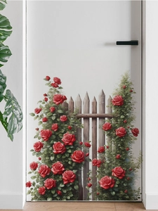 Detail of red rose and wooden fence wall sticker on white door with realistic design