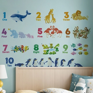 Educational animal number wall decals for kids bedroom featuring cartoon 1-10 counting art