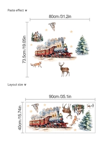Vue détaillée des dimensions du sticker mural de Noël avec train et motifs de renne