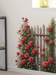 Realistic red rose and white fence wall decal detail on a modern interior wall