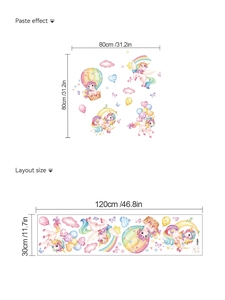 Detailed layout and paste effect dimensions for unicorn and hot air balloon wall stickers