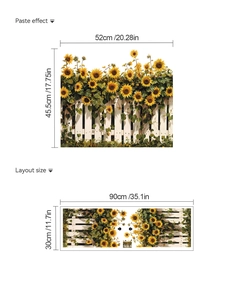 Détail de la taille de l'autocollant mural clôture tournesol et effet de pose