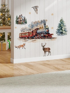 Détail de stickers muraux aquarelle train de Noël et élan sur un mur blanc texturé