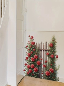 Close-up of red rose vines with wooden garden fence adhesive vinyl wall decal