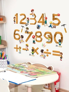 Dettaglio degli adesivi murali matematici effetto legno con illustrazioni per bambini