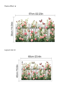Detail showing dimensions of pink floral wall sticker with butterflies and white fence