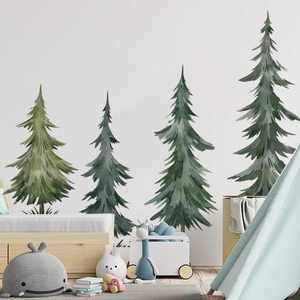 Watercolor pine tree wall decals for nursery room decor with hand-painted forest aesthetic