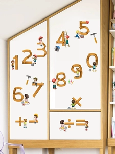 Dettaglio di adesivi matematici effetto legno e figure di cartone su armadio bianco