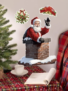 Detail of Santa Claus wall sticker with bells and mistletoe on a cozy home background
