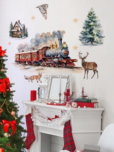 Stickers muraux train de Noël aquarelle avec rennes et forêt enneigée pour décor festif