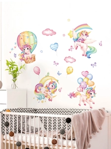 Detailed close-up of unicorn and rainbow hot air balloon wall decals for kids' bedrooms