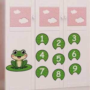 Cartoon frog wall sticker with numbers for kids room decoration on white furniture