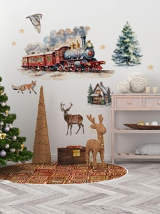 Stickers muraux de Noël à l'aquarelle avec train à vapeur rétro et décor de renne
