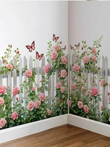 Detail of pink rose fence wall stickers applied to a room corner for home decor