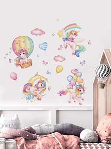 Cartoon unicorn wall stickers with hot air balloon and rainbow for nursery wall decor