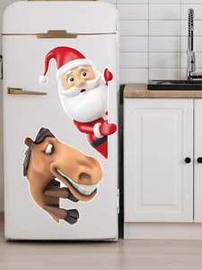 Detailed view of 3D Santa and funny horse wall stickers on a white vintage refrigerator