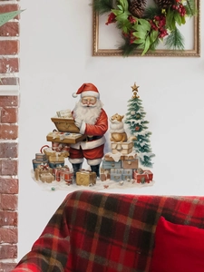 Detailansicht von Weihnachtsmann und Corgi PVC-Wandstickern an einer weißen Wohnzimmerwand